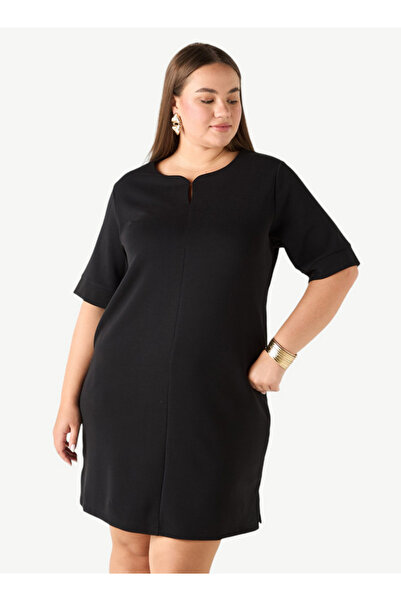 Ulla Popken Plus Size Short Sleeve Dress With Split Neck