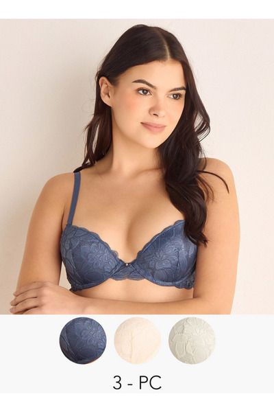 FAV مجموعة من 3 قطع - حمالة صدر بتفاصيل دانتيل مع إغلاق بخطاف وعين