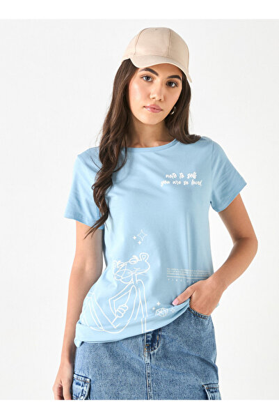 SP Characters Pink Panther Print Crew Neck T-shirt with Short Sleeves