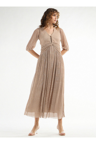 FAV Textured V-neck Dress with 3/4 Sleeves and Knot Detail