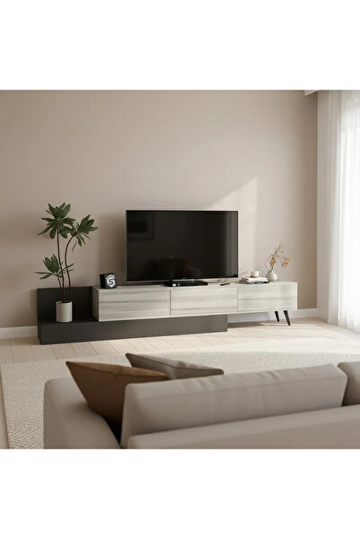 Stylish Home TV Cabinet in Gray and White for 55-inch TV, White and Gray