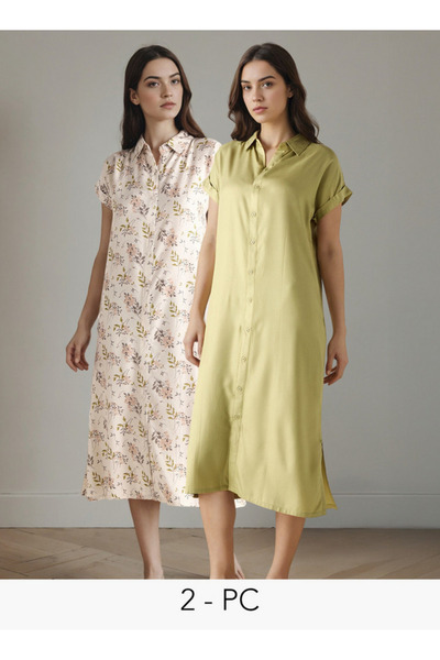 FAV Set of 2 - Assorted Button Through Collared Viscose Night Dress