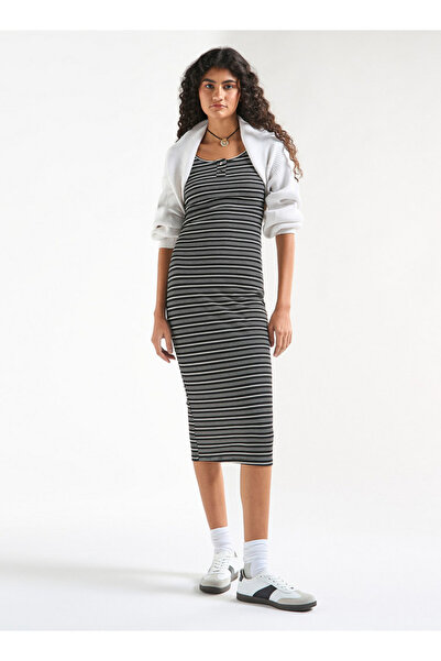 FAV Striped Sleeveless Bodycon Dress with Round Neck and Button Detail
