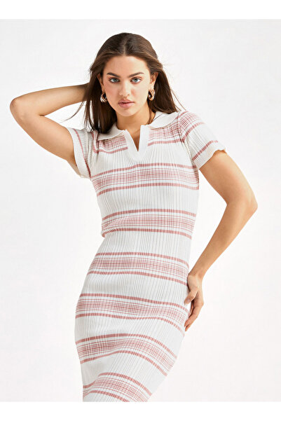 FAV Striped Collared Bodycon Dress with Short Sleeves