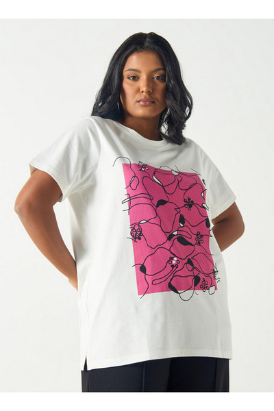 Ulla Popken Plus Size Graphic Print Crew Neck T-shirt With Short Sleeves