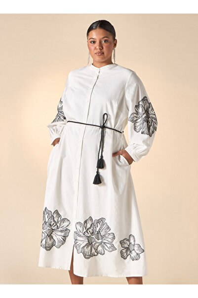 Ulla Popken Plus Size Ulla Popken Floral Embroidered Shirt Dress with Pockets