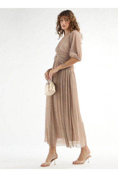 FAV Textured V-neck Dress with 3/4 Sleeves and Knot Detail