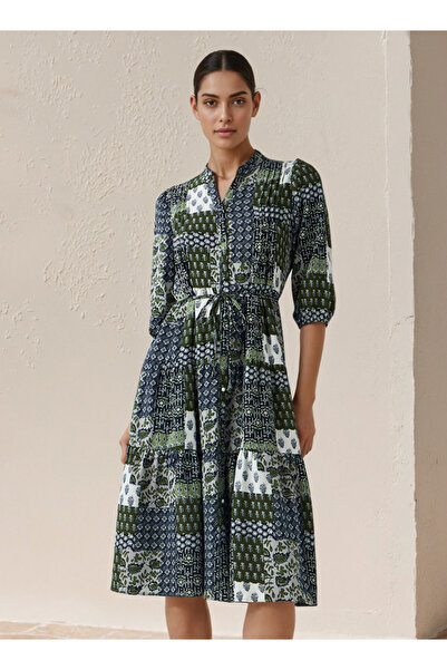 FAV فستان متوسط الطول من الفيسكوز بتصميم A مع حزام للربط