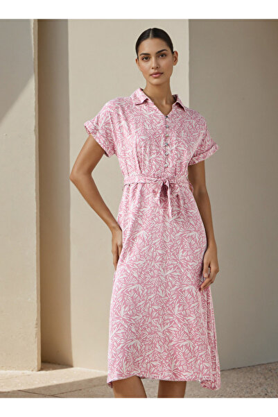 FAV فستان نسائي مطبوع شكل حرف A مع رباط خصر من الرايون