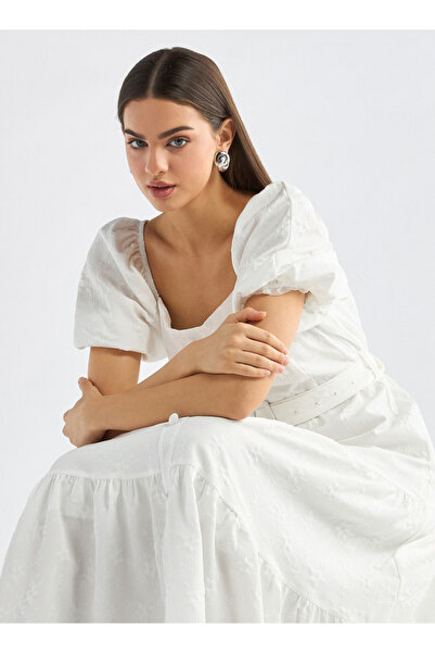 FAV Floral Textured Tiered Maxi Dress with Short Puff Sleeves and Square Neck