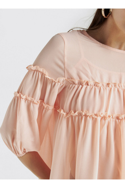 FAV Ruffled Chiffon Top With Crew Neck And Three-quarter Sleeves