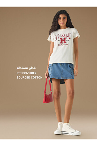 SP Characters Varsity Print Crew Neck T-shirt with Short Sleeves