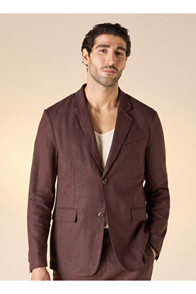 Iconic سترة من الكتان بفتحة رقبة على شكل حرف N وأكمام طويلة وأزرار للإغلاق