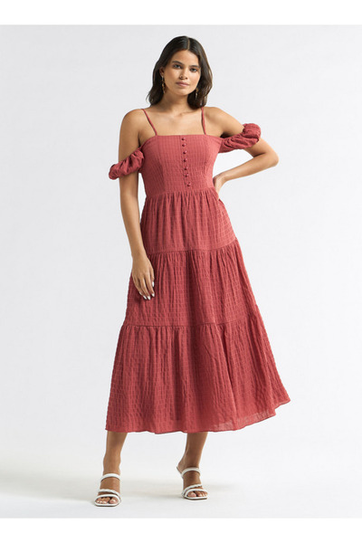 FAV Textured Midi A-line Dress with Cold Shoulder