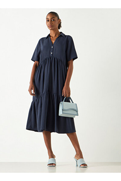 FAV فستان جينز متعدد الطبقات مع ياقة وأكمام قصيرة