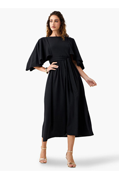 FAV Solid Midi Dress with Flutter Sleeves and Tie-Up Belt