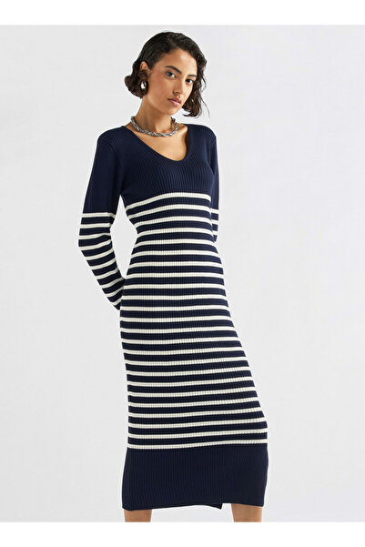 FAV Striped V-neck Dress with Long Sleeves