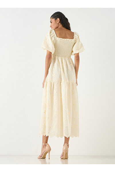 FAV Schiffli Textured Midi Dress with Shirring Detail and Short Puff Sleeves