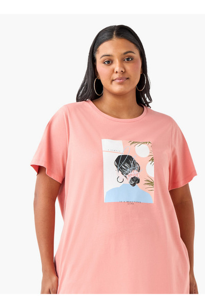 Ulla Popken Plus Size Ulla Popken Graphic Print Round Neck T-shirt with Short...