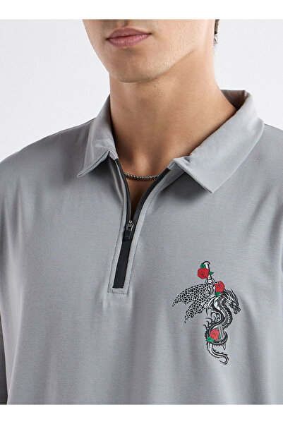 FAV Typographic Print Polo T-shirt with Short Sleeves and Zip Closure