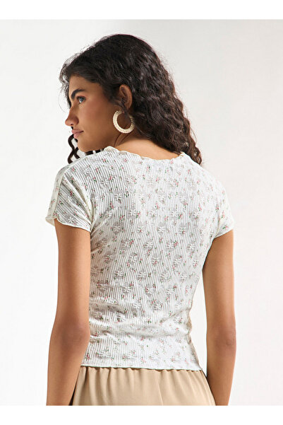 FAV All-Over Floral Detail Crew Neck T-shirt with Short Sleeves
