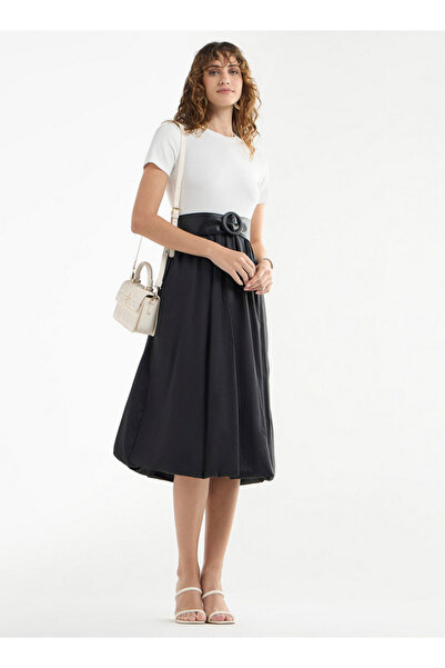 FAV Colourblock A-line Dress with Round Neck and Short Sleeves