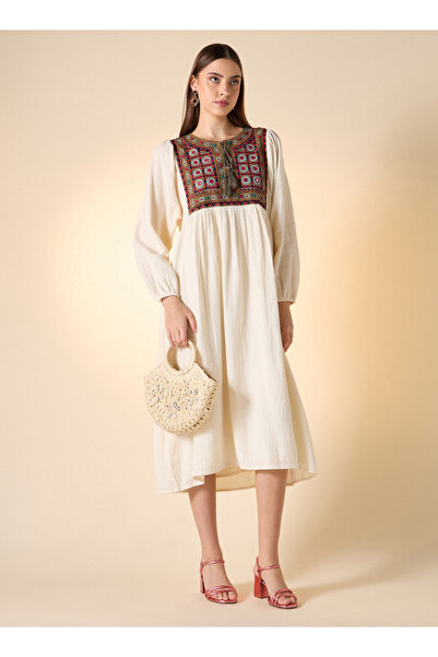 FAV Embroidered A-Line Midi Dress with Long Sleeves