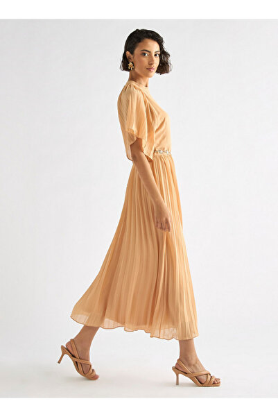 FAV Pleated Maxi Dress with Ruffle Sleeves