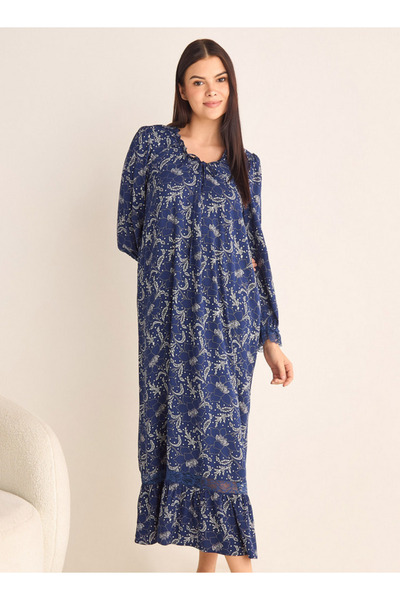 FAV فستان نوم مطبوع عليه زهور بأكمام طويلة ورقبة مربوطة