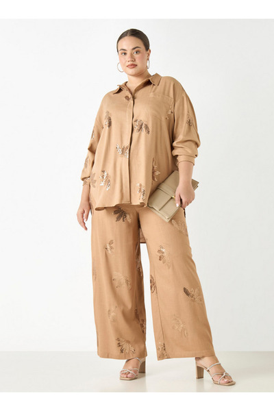 Ulla Popken Plus Size Ulla Popken All-Over Embellished High Low Shirt with Long Sleeves