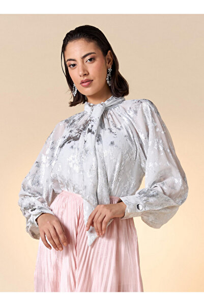 Iconic Foil Print Top with Long Sleeves and Bow Tie Detail