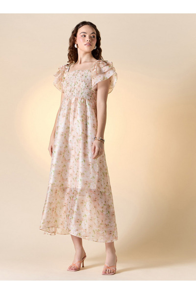 FAV Floral Print Ruffle Sleeves Maxi Dress with Shirring Detail