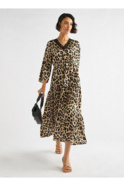 FAV All-Over Animal Print Tiered Midi Dress with Lace Detail and 3/4 Sleeves
