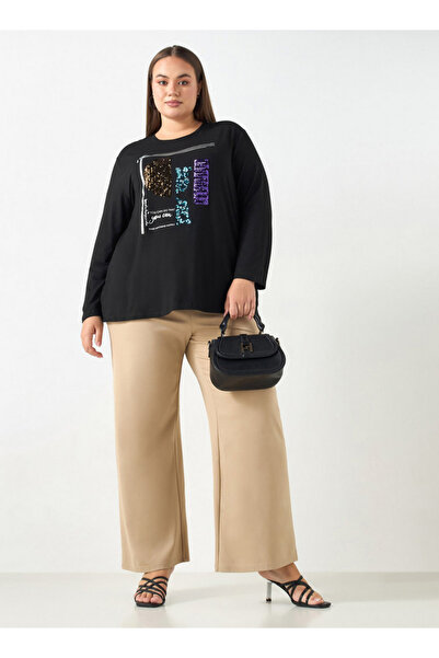 Ulla Popken Plus Size Ulla Popken Embellished T-shirt with Long Sleeves and Round Neck