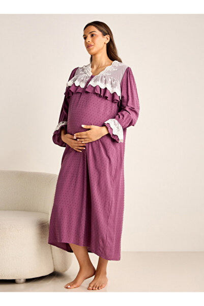 FAV Lace Detail Textured Maternity Dress with Long Sleeves