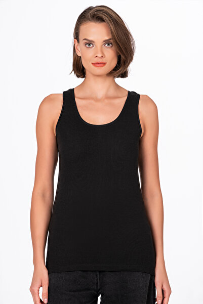 Kompedan Kadın %100 Pamuklu Ribana Esnek Rahat Biyeli Kalın Askılı Örme Atlet | Siyah K0111