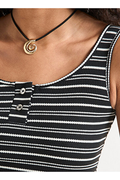 FAV Striped Sleeveless Bodycon Dress with Round Neck and Button Detail