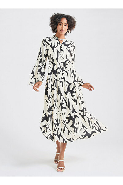 FAV Abstract Print Midi Dress with Mandarin Collar and Long Sleeves