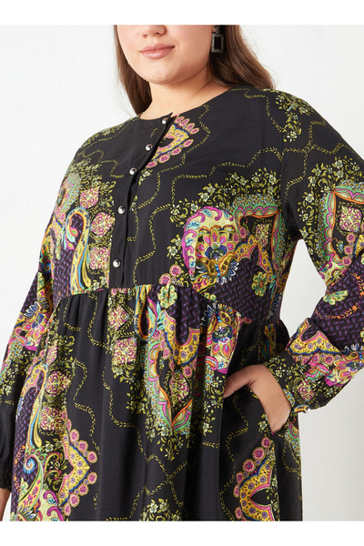 Ulla Popken Plus Size Ulla Popken All-Over Floral Print Midi Dress with Long Sleeves