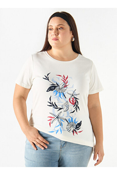 Ulla Popken Plus Size Ulla Popken Printed Round Neck T-shirt with Short Sleeves