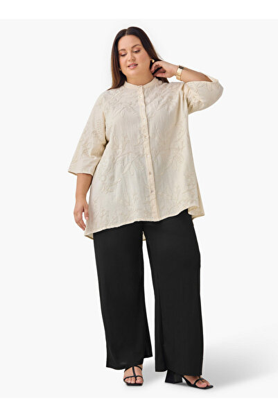 Ulla Popken Plus Size Ulla Popken Embroidered Shirt with 3/4 Sleeves