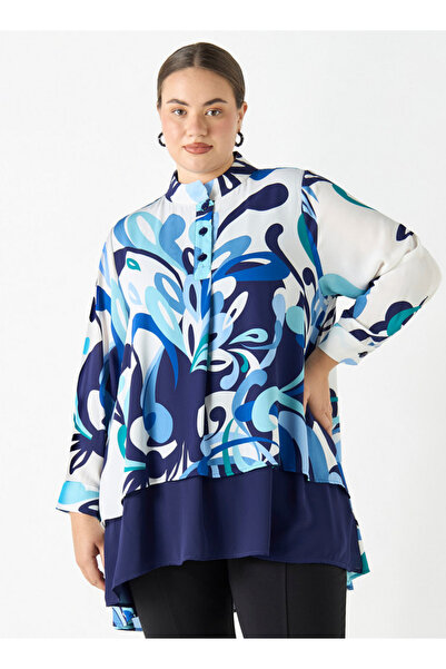 Ulla Popken Plus Size Ulla Popken All-Over Print High Low Top with Long Sleeves
