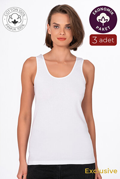 Kompedan Kadın Pamuklu Ribana Kalın Askılı Atlet 3'lü Paket | Beyaz K0111