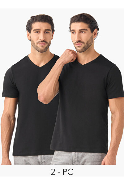 FAV طقم من قطعتين - تي شيرت بقصّة Slim Fit ورقبة على شكل حرف V وأكمام قصيرة