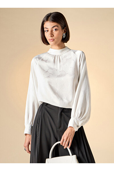 Iconic Jacquard Textured High Neck Top With Long Sleeves