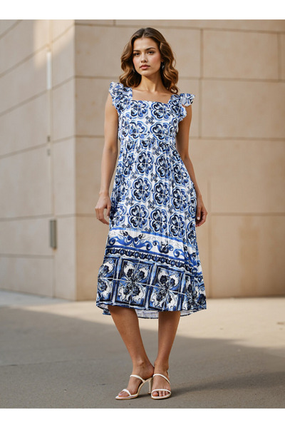 FAV Pleated Midi Dress with Ruffle Sleeves