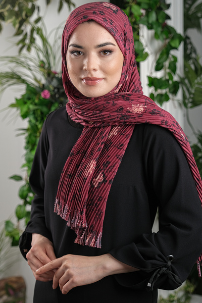 HÜRREM BONE Bordo Pratik Hazır Geçmeli Tesettür Eşarp Kesik Elyaf Piliseli Çi...
