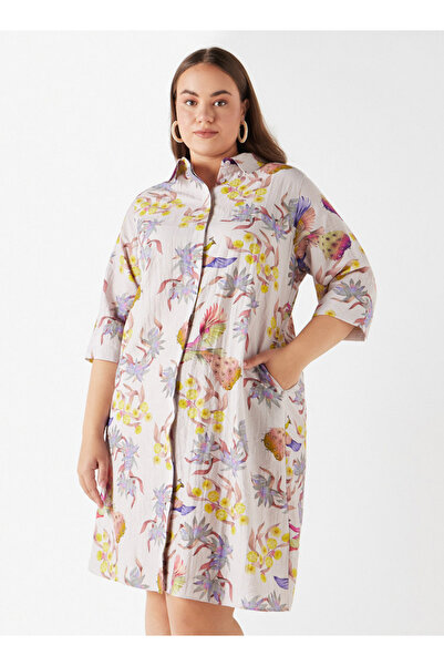 Ulla Popken Plus Size Printed Shirt Dress With Pocket And 3/4 Sleeves