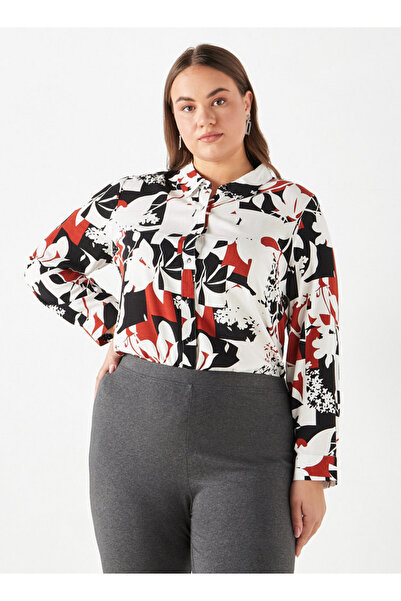 Ulla Popken Plus Size All-over Print Shirt With Collar And Long Sleeves