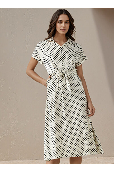 FAV Polka Dot Print A-line Women Dress with Waist Tie-Up Rayon